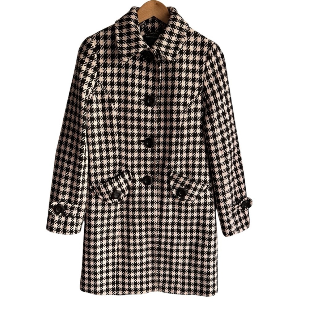 Atmosphere Herringbone Overcoat M Pink Brown Plaid Check Coat Jacket Wool Blend
